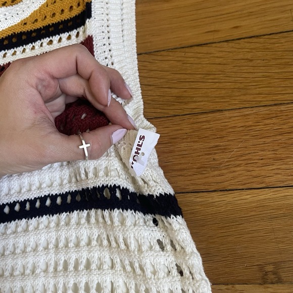 NWT Nine West Women's XS Cotton Crochet Dress White Brown Striped Sleeveless - Picture 4 of 11